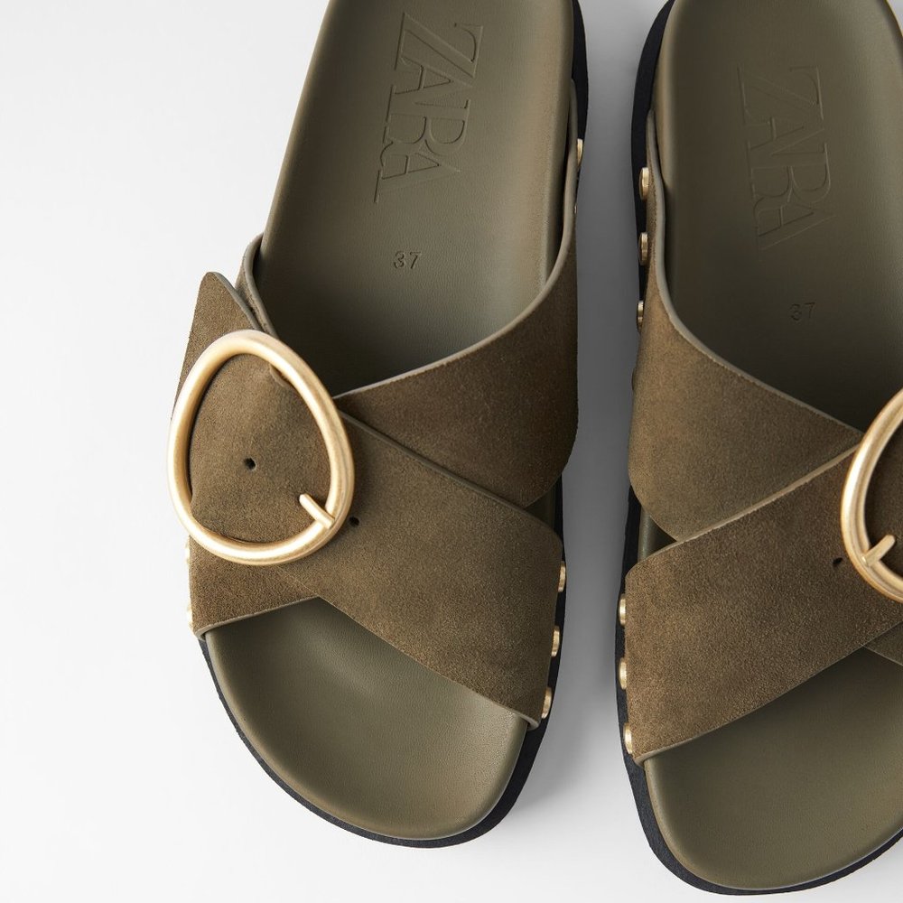 ZARA NWT FLAT LEATHER SANDALS WT BUCKLE & STUDS